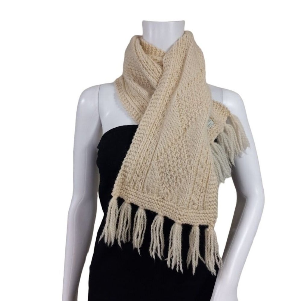 Mc Kennas 100% Pure Merino Wool Knitted Trim Hem Winter Scarf Cream Women's - Picture 2 of 9